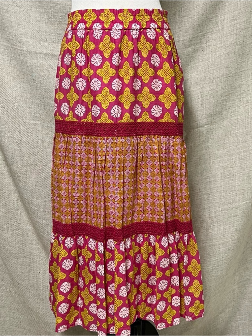 Bohemian Floral Tiered Maxi Skirt in hot pink  and Mustard